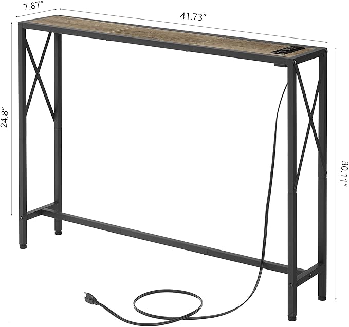 41.7" Console Table, Narrow Behind The Couch Table with Outlet, Industrial Skinny Sofa Table for Hallway, Entryway, Living Room,Walnut