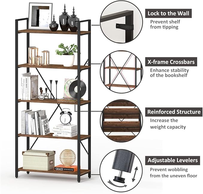 BON AUGURE Industrial Bookshelf, Etagere Bookcases and Book Shelves 5 Tier, Rustic Wood and Metal Shelving Unit (Rustic Oak)