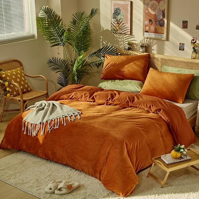CLOTHKNOW Burnt Orange Comforter Sets California King Fluffy Velvet Bedding Comforter Sets Soft Terracotta Comforter Rust Comforter with 2 x Pillow Cases
