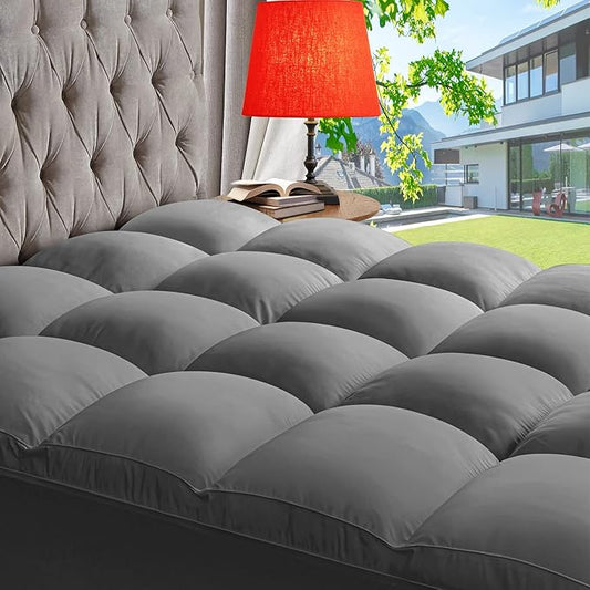 ABENE Mattress Topper for Back Pain Relief, Extra Thick Mattress Pad Pillowtop, Soft Mattress Protector Cover with 8"-21" Deep Pocket, Overfilled Down Alternative Filling (Gray, Short Queen)