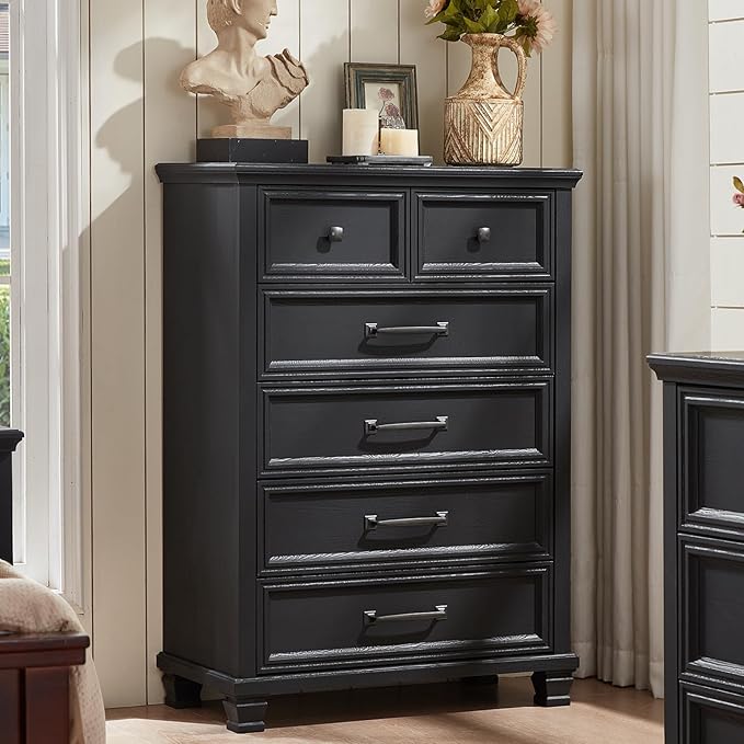 Farmhouse 6 Drawer Dresser for Bedroom, 45 Inch Tall Vintage Wood Chest of Drawers, Rustic Dressers w/Square Wooden Legs, Mid-Century Storage Organizer for Living Room, Hallway, Black