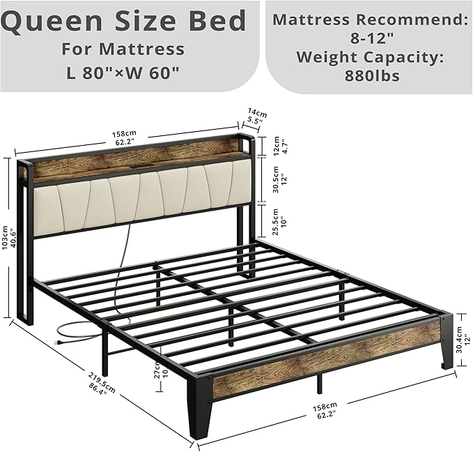 LIKIMIO Queen Bed Frame, Storage Headboard with Charging Station, Solid and Stable, Noise Free, No Box Spring Needed, Easy Assembly (Walnut and Beige)