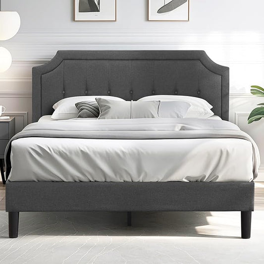 VECELO Queen Size Platform Bed Frame with Fabric Upholstered Headboard and Wooden Slats Support, No Box Spring Needed/Easy Assembly