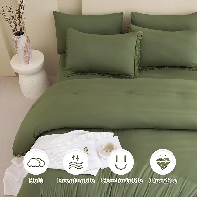 Andency Full Size Comforter Set with Sheets Olive Green -7 Pieces Bed in a Bag Boho Tassel Bedding Sets, All Season Fringe Bed Set with Comforter, Sheets, Pillowcases & Shams