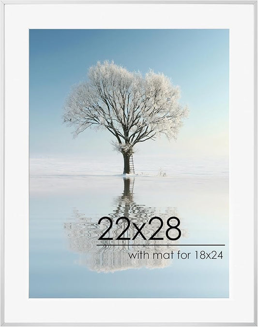 22x28 Metal Picture Frame For Wall With Mat For 18x24, 22''x28'' Aluminum Photo Frames With Tempered Glass, Minimalist Modern Poster Frame Horizontal And Vertical Formats, Silver