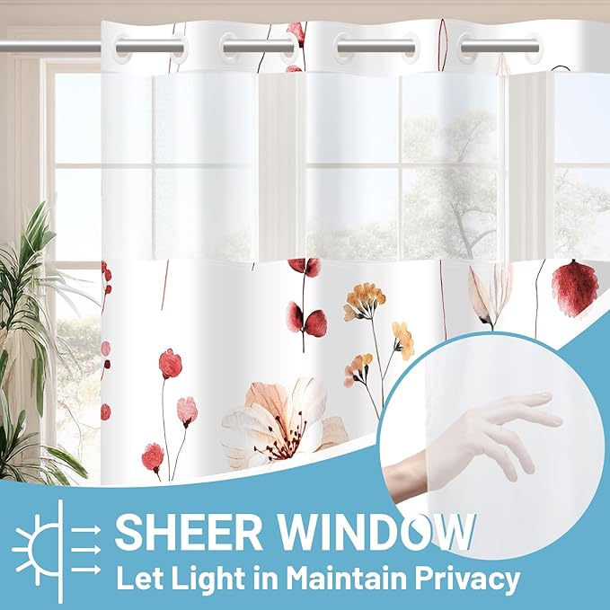 No Hook Shower Curtain with Snap in Liner - Floral Shower Curtain - Fabric Waterproof Inner Liner, Plants Watercolor Red Modern Cloth Shower Curtains - Machine Washable, 71 x 74