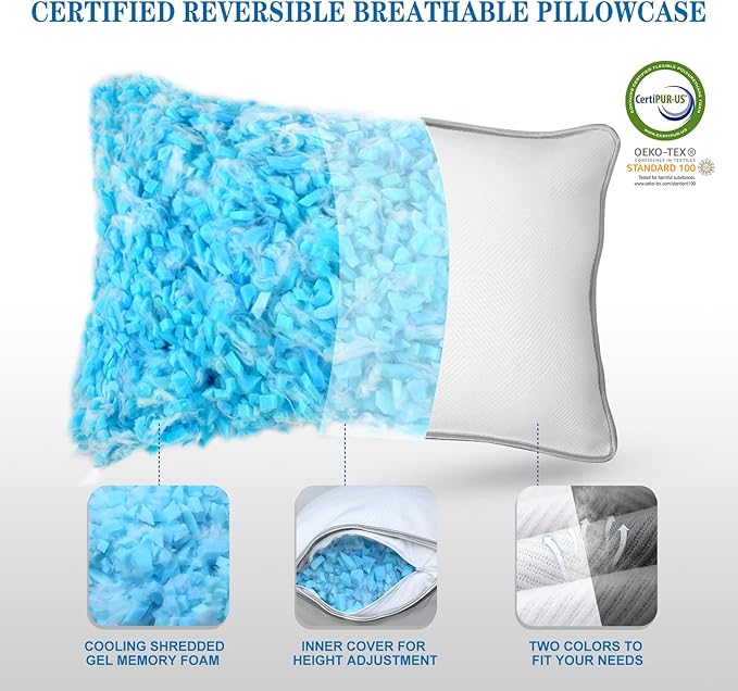 Side Sleeper Pillow, Adjustable Shredded Memory Foam Pillows, Neck Support Pillow Standard Size 2 Pack, Firm & Soft CertiPUR-US Certified, Great Gift Better Sleep （20x26）