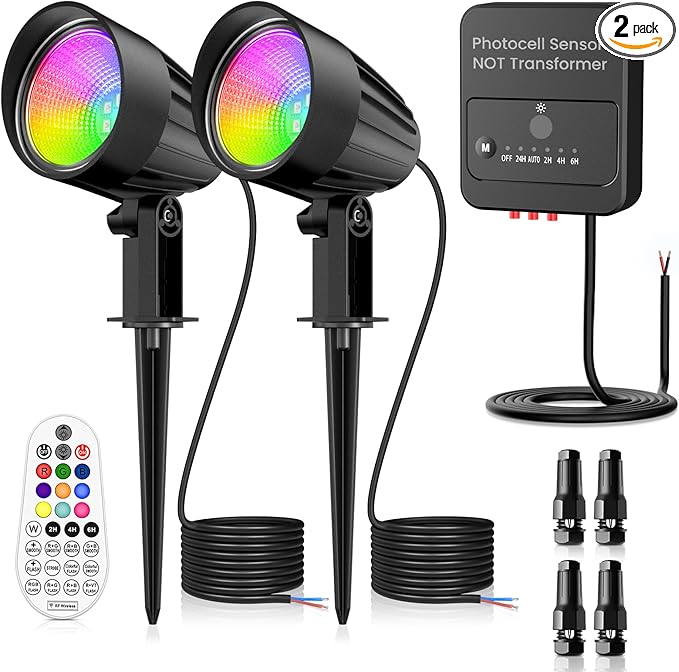 ZZXX Low Voltage Landscape Lighting Kit Outdoor Spotlight RGBW Color Changing Lights Remote Control 15W 12V-24V IP66 Waterproof Photocell Sensor for Holiday Garden Pathway Yard 2 Pack with Connectors