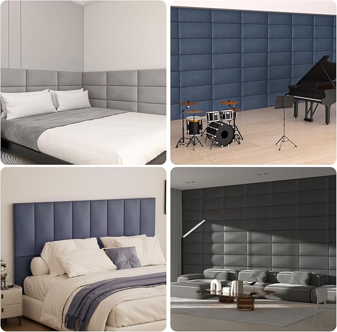 Upholstered Wall Mounted Headboard, 3D Soundproof Wall Panels Peel and Stick - King Size, Tufted, Blue (12 Panels, 10" x 24")
