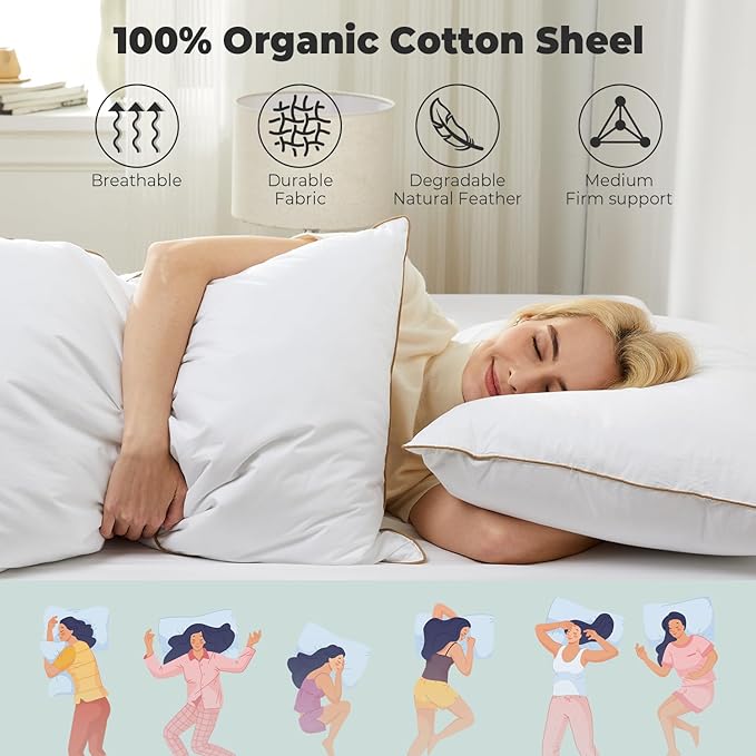 Dreamhood Goose Feathers and Polyester Fiber Pillows Hotel Pillow King Size Set of 2 Fluffy Pillows for Twin Bed Made in USA with 100% Cotton Cover 20 x 36 Inches