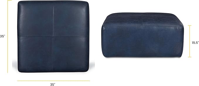 Poly & Bark Sequoia Ottoman – 35” Square Pouf with Feather-Down Topper – Full-Grain Leather Upholstered Pouf Ottoman for Living Room – Italian Leather in Midnight Blue