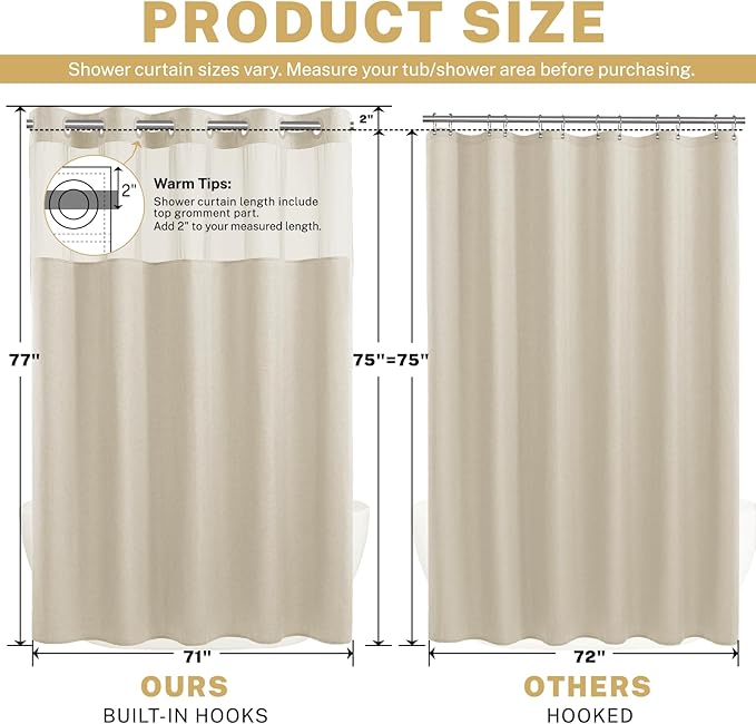 No Hook Shower Curtain with Snap in Liner, Polyester Textured Shower Curtain with Liner Set, Waterproof Washable Hotel Style Shower Curtains for Bathroom, 71Wx77H, Cream