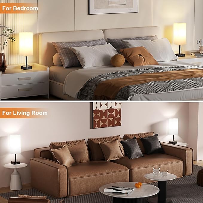 Bedside Table Lamps Set of 2 - Small White Bedroom Lamps with 3 Color Temperatures (3000K/5000K/4000K), Square Nightstand Lamp with USB C + A Charging Ports, Pull Chain Night Light