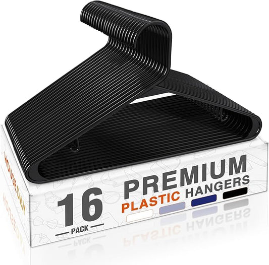 HOUSE DAY Black Plastic Hangers 16 Pack, Space Saving Coat Hanger, Clothes Hanger with Non Slip Hooks, Plastic Clothing Hangers for Closet, Ideal for Everyday Use on Shirts, Coats, Pants, Dress