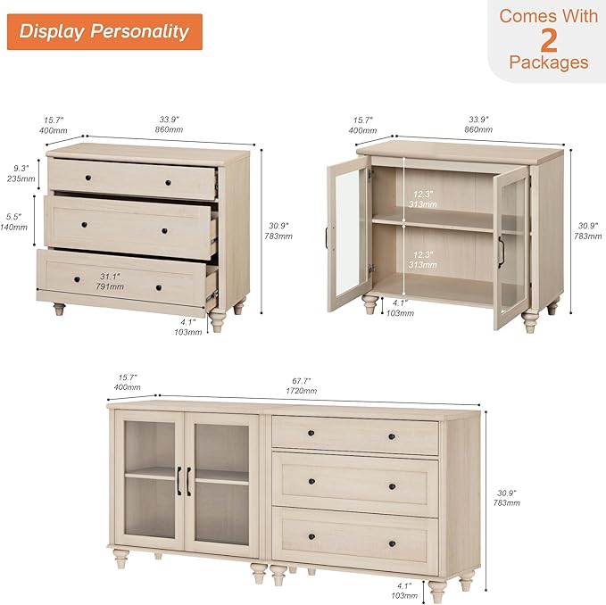 WAMPAT TV Stand for 75 Inch TV, Wood TV Cabinet Entertainment Center Television Stands for Living Room, 2-in-1 Sideboard Buffet Cabinet with Glass Door & Drawer for Kitchen, Light Oak