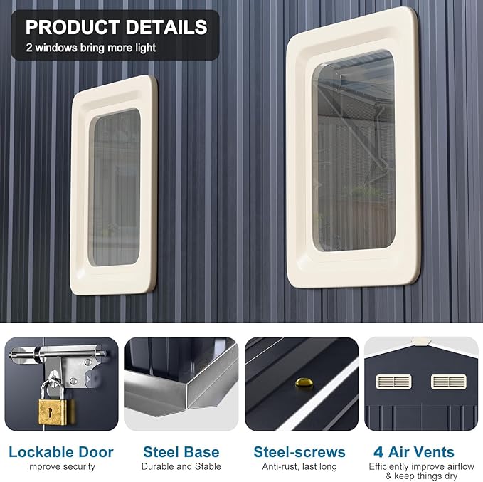 10x10 FT Metal Shed Large Waterproof Outdoor Tools Storage with Clear Roof Windows Air Vent Door for Outside Garden Patio Lawn Backyard to Store Bikes,Lawnmower,Garage,Dark Grey