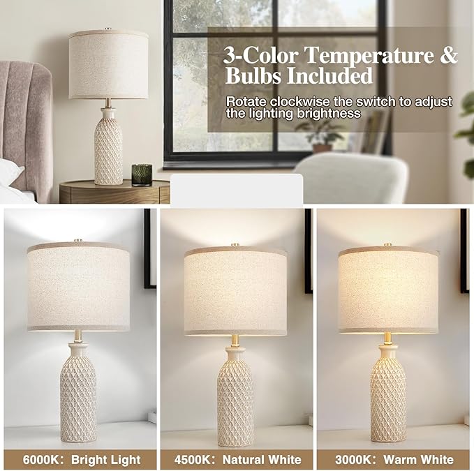 Luvkczc Ceramic Table Lamps Set of 2, Farmhouse 24.8" Bedside Lamps with 3-Color Temperature, Modern Nightstand Lamp Desk Reading Lamp for Bedroom, Living Room, Office, 2 Bulbs Included