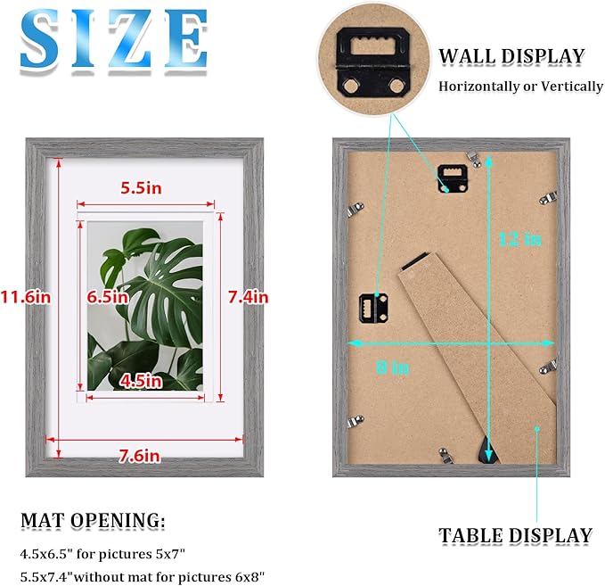Egofine 8x12 Picture Frame Made of Solid Wood with Plexiglass, Display Pictures 5x7/6x8 with Mat or 8x12 Without Mat for Tabletop and Wall Mounting, Oak Grey