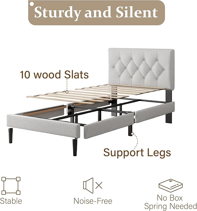 Twin Size Platform Bed Frame with Upholstered Headboard, Button Tufted Design, Strong Wooden Slats, No Box Spring Needed, Easy Assembly, Noise Free