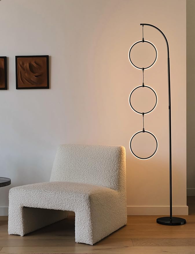 Brightech Nova Modern Floor Lamp Matches Living Room Décor - Contemporary Arc Tall Lamp with 3-Circle Ring-Style Pendant - Over The Couch Standing on Arching Pole - Eclectic- Black