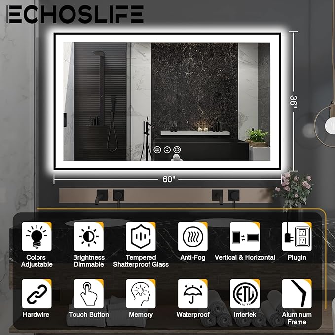 60x36 LED Mirror for Bathroom - Black Aluminum Framed (Front and Backlit),Anti-Fog Bathroom Mirror with Lights, Stepless Dimmable Lighted Mirror,3 Colors Smart Mirror(Horizontal/Vertical)