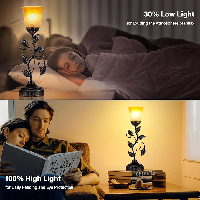 Kakanuo Touch Table Lamp Bedside Lamp Nightst Lamp USB Charging Ports for Living Room 3 Way Dimmable Traditional Leaf Lamp Retro Table Lamp for Bedroom Amber Glass Lampshade LED Bulb Included)