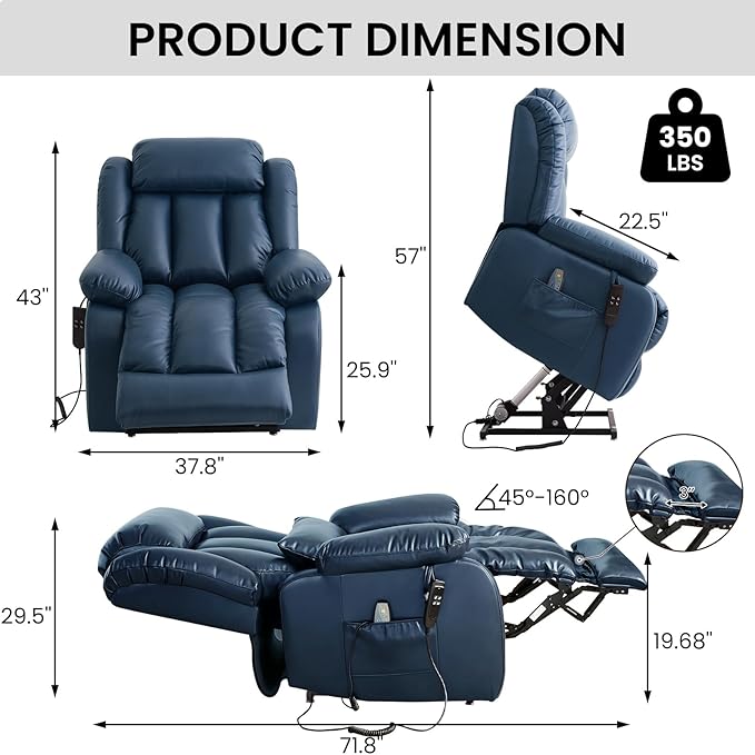 TEKAMON Power Lift Recliner Chair for Elderly with Heat & Massage, Dual Motor Breathable Leather Recliner, Lay Flat Sleeping Chairs with Infinite Position, RemoteControl(Deep Blue, Extended)