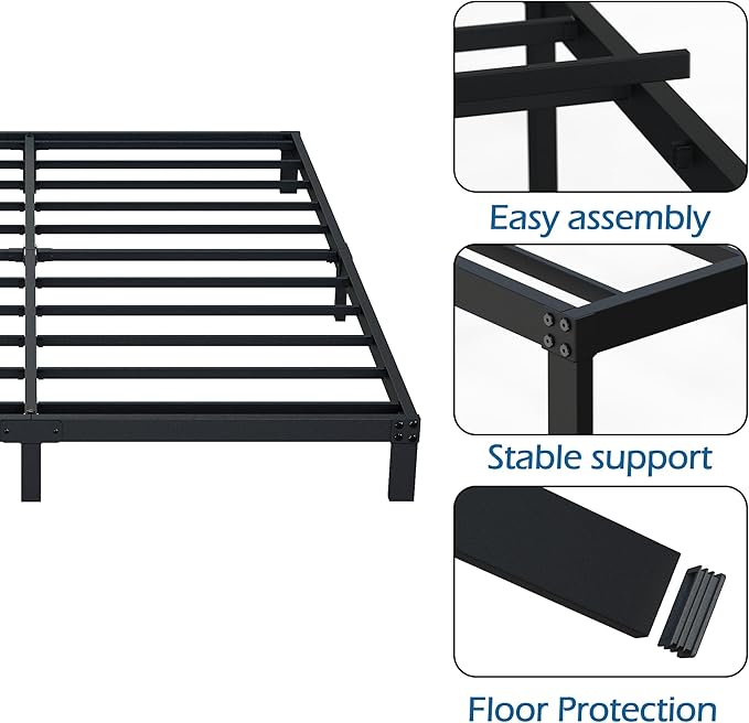 7 Inch Queen Bed Frame Heavy Duty Low Profile Metal Platform No Box Spring Needed, Maximum Storage, Easy to Assembly, Noise Free, Black