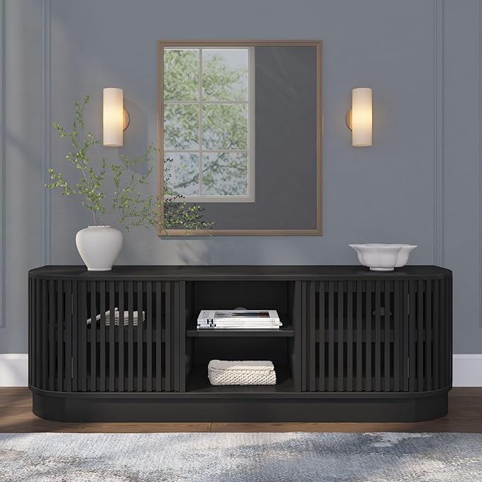 Plank+Beam Contour Wood TV Stand, Solid Wood Entertainment Console with Storage, 59" L x 16" W x 19" H, Black