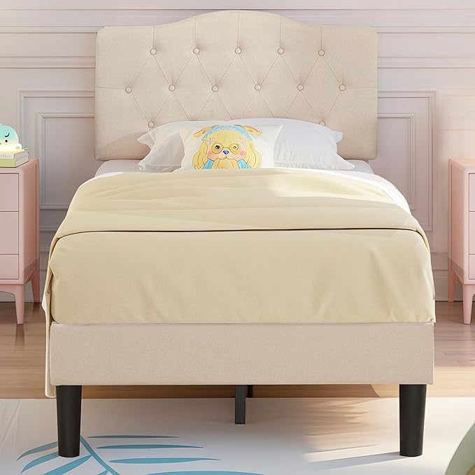 VECELO Twin Size Platform Bed Frame with Fabric Upholstered Headboard and Wooden Slats Support, No Box Spring Needed/Easy Assembly,Beige