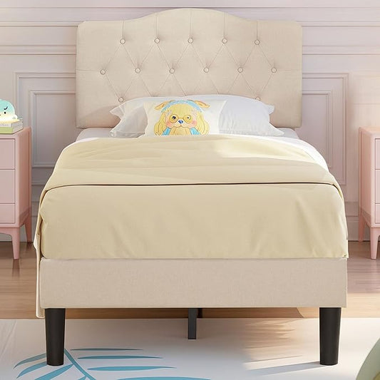 VECELO Twin Size Platform Bed Frame with Fabric Upholstered Headboard and Wooden Slats Support, No Box Spring Needed/Easy Assembly,Beige