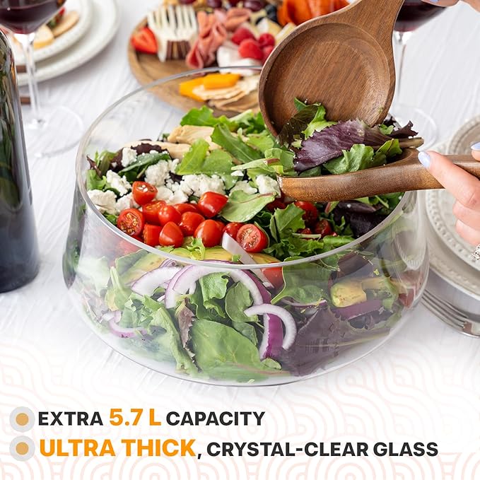 Large Glass Salad Bowl with Lid Set, 5.7 L Decorative Glass Mixing Bowl, Trifle and Serving Bowls with Lids as Cheese Charcuterie Board and Plate, Comes with Wood Serving Utensils