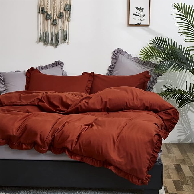 Luxlovery Burnt Orange Ruffle Comforter Set Twin Farmhouse Rust Orange Bedding Comforter Set Shabby Caramel Chic Blanket Quilts Ruffed Reddish Orange Bedding Set for Women Men Adults Kids
