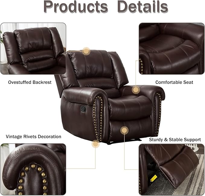 CANMOV Leather Recliner Chair Set of 2, Classic and Traditional Manual Recliner Chair with Comfortable Arms and Back,Manual Single Recliner Sofa for Living Room, Brown
