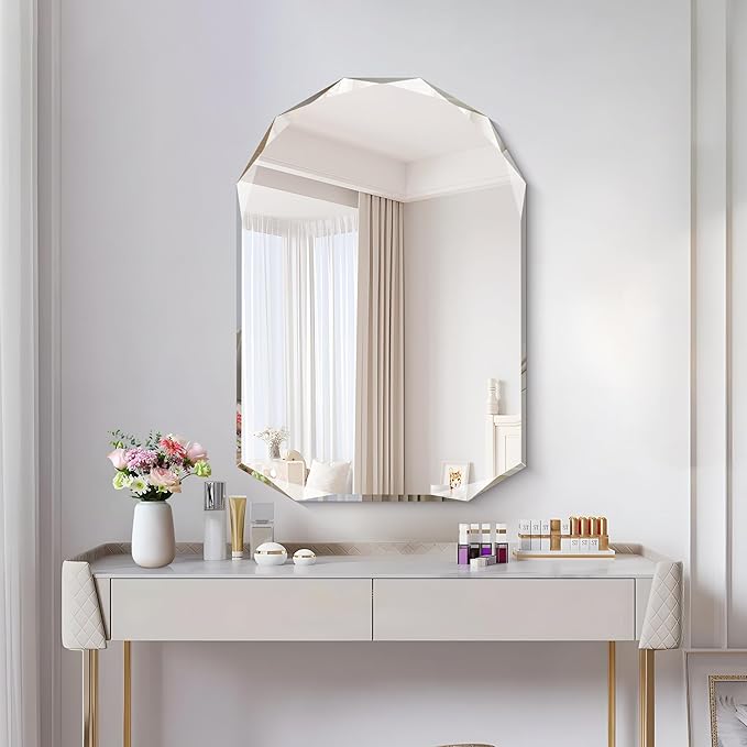 KOCUUY 26"x38" Frameless Mirror, Arched Shape with Diamond-Shaped Beveled Edge,Unframed Decorative with Upgraded Shatterproof Glass,Unique Frameless Mirror for Bathroom,Living Room,Bedroom