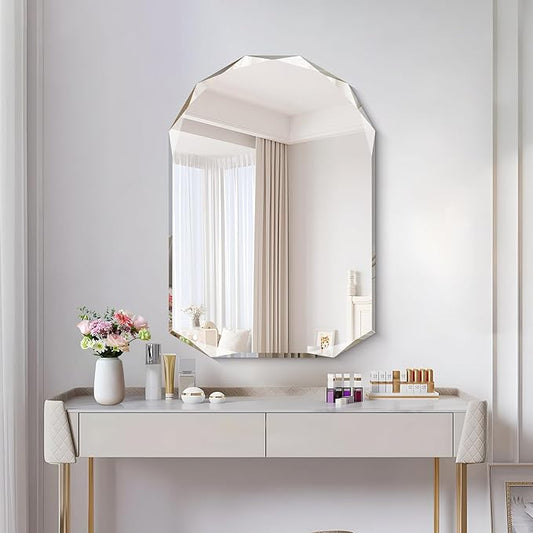 KOCUUY 26"x38" Frameless Mirror, Arched Shape with Diamond-Shaped Beveled Edge,Unframed Decorative with Upgraded Shatterproof Glass,Unique Frameless Mirror for Bathroom,Living Room,Bedroom