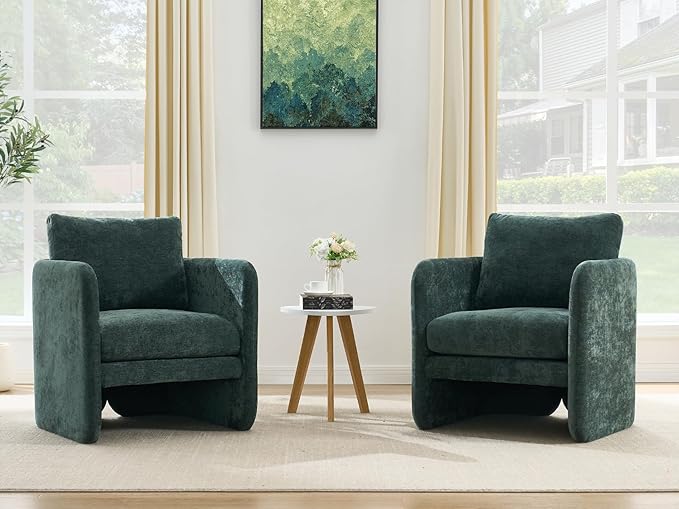Modern Barrel Accent Chairs Set of 2, Beige Chenille Fabric Armchair for Living Room, Comfy Upholstered Reading Accent Chairs Single Sofa Chair for Bedroom Waiting Room Office, Green