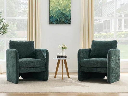 Modern Barrel Accent Chairs Set of 2, Beige Chenille Fabric Armchair for Living Room, Comfy Upholstered Reading Accent Chairs Single Sofa Chair for Bedroom Waiting Room Office, Green