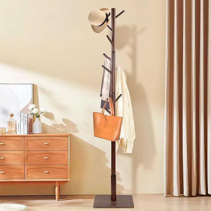 Coat Rack Freestanding with Stable Square Base, Entryway Furniture with 3 Adjustable Sizes and 8 Hooks, Used in Bedroom, Office and Hallway, Brown