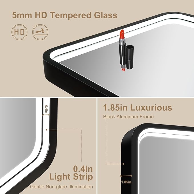 LED-Bathroom-Mirror-with-Lights, 24"x32" Wall-Mounted with Anti-Fog, 3 Colors Dimmable Light, Waterproof, Tempered Glass, Black Framed