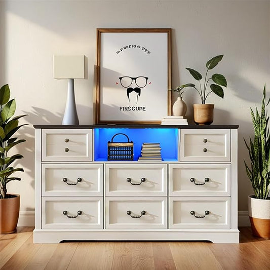 White Dresser for Bedroom with Charging Station & Led Lights,55.02" TV Stand with 8 Drawers,Dressers & Chests of Drawers with Open Shelves,Hallway,Closet 55.02" W x 34.53" H x 15.77" D White