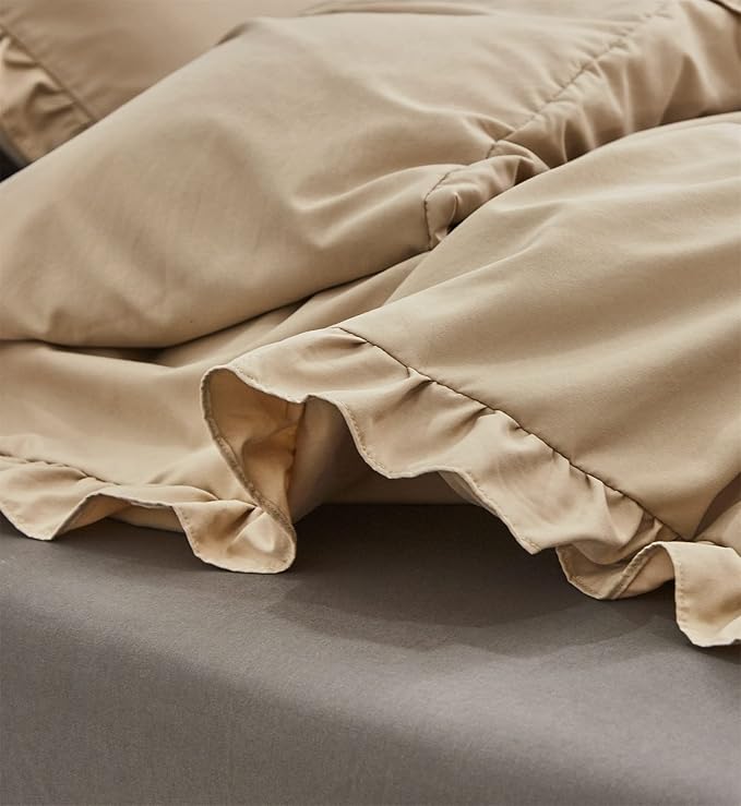 CLOTHKNOW Ruffles Taupe California King Comforter Set Farmhosue Bedding Comforter Sets Soft Khaki Boho Comforter with 2 x Pillow Cases