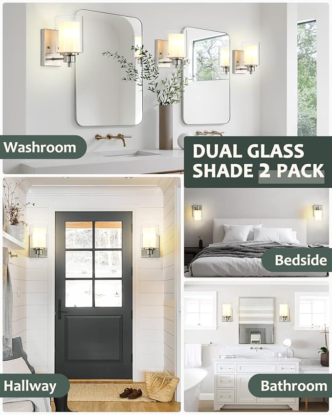 2 Pack Bath Vanity Light Fixtures 1-Light, Indoor Brushed Nickel Wall Light with Dual Glass Shade, Modern Bathroom Wall Scone Lighting, Vintage E26 Base Wall Mount Lamp for Bedroom