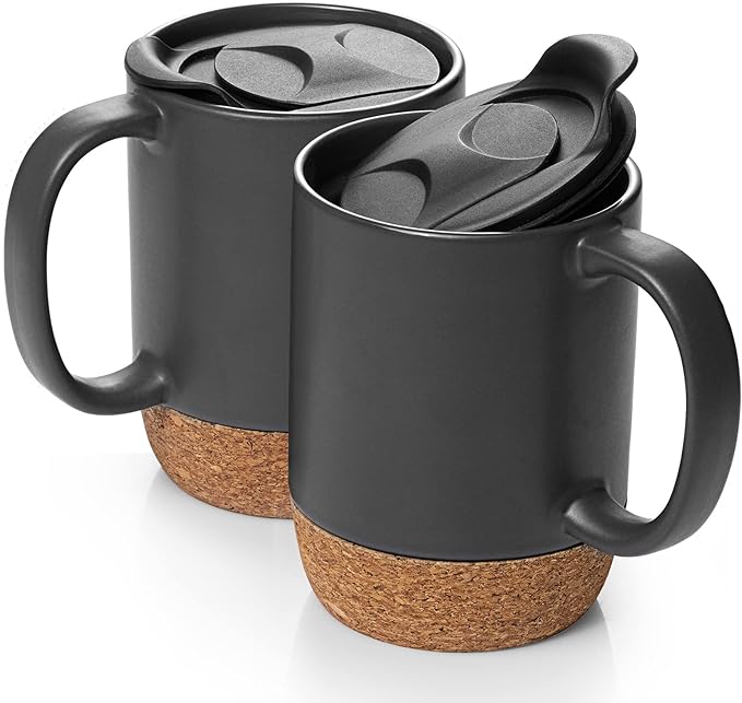 DOWAN Coffee Mugs, 15 oz Mug Set of 2, Large Ceramic Coffee Mug with Cork Bottom and Spill Proof Lid for Mom Dad, Big Mug for Latte Tea, Matte Grey