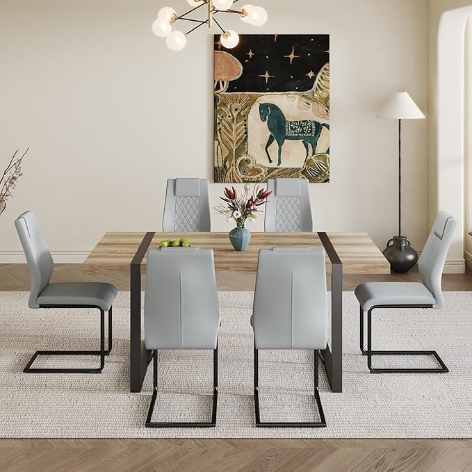 Dining Table Set for 6，Dinner Table Set for 6，71'' Kitchen Table and PU Leather Chairs Set of 6，6 Chair Dining Table Set for Kitchen Dining Room