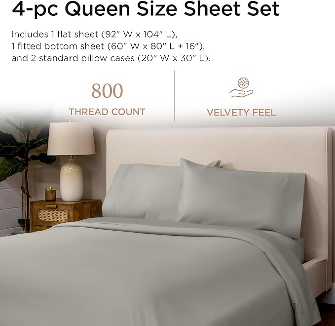 Threadmill Luxury 800 Thread Count Queen 100% Cotton Sheets - Moonrock Grey Sateen Weave Bed-Sheets, Better Than Egyptian Cotton,4 Pc Solid Soft Bed Set, Fits 16" Deep Pocket