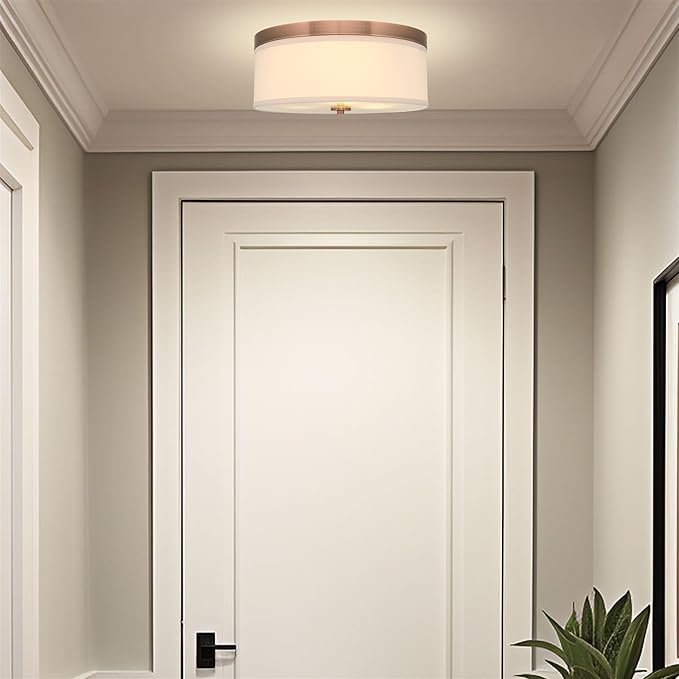 Kira Home Walker 15" Mid-Century Modern 3-Light Flush Mount Ceiling Light, Cream Fabric Shade + Round Glass Diffuser, Copper Bronze Finish