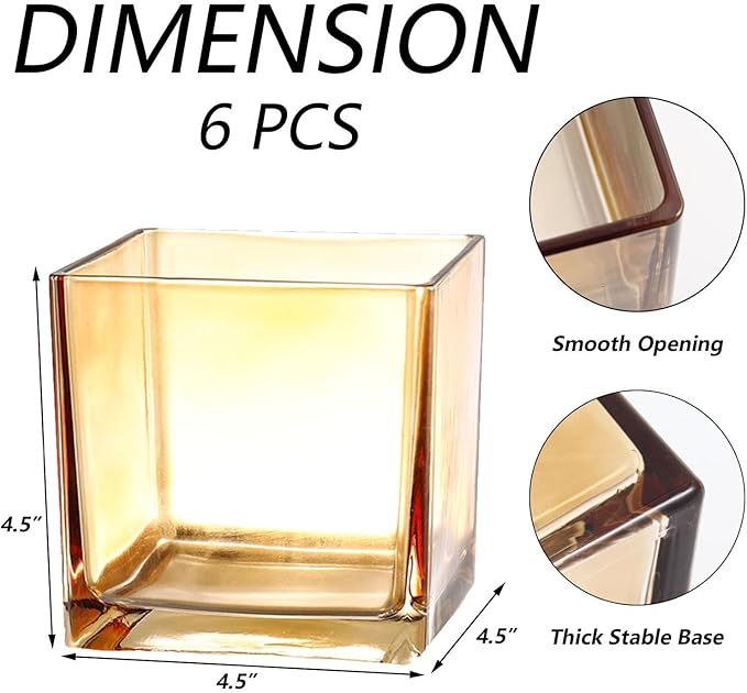 MARTAGE Square Amber Glass Vases Set of 6, 5" x 5" x 5" Flower Vases for Centerpieces, Square Vase for Centerpieces, Small Vase for Wedding, Party, Home Office Decoration