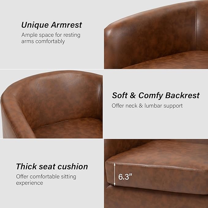 Swivel Barrel Chair, Modern Round PU Leather Accent Armchair for Living Room, Bedroom, Oversized Comfy Club Reading Chairs for Adults (Leather Coffee, Set of 1)