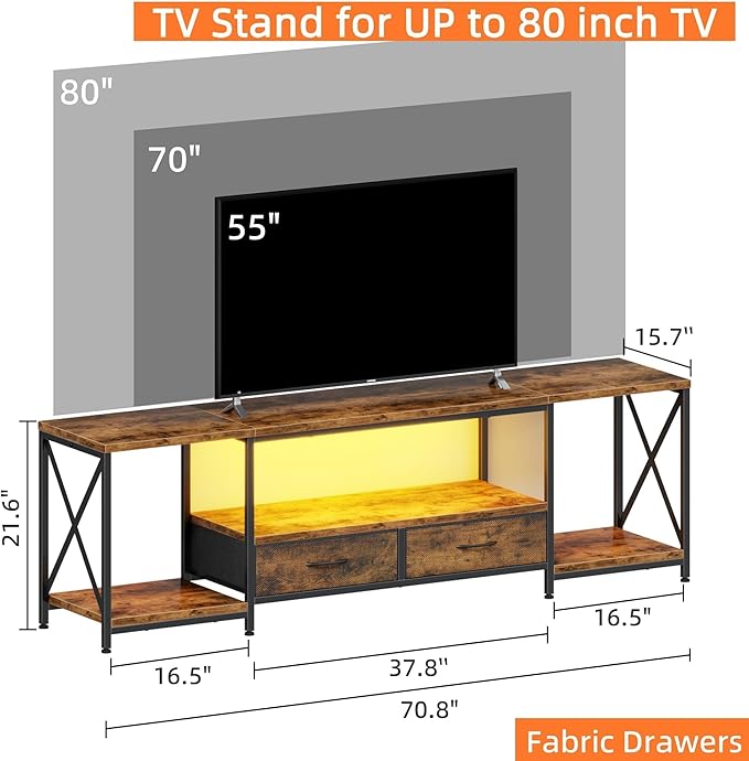 Television Stands for 80 Inches TV with Fabric Drawers, LED TV Console Table with Storage Shelves for Living Room, Bedroom, Entertainment Center 71" Rustic Brown